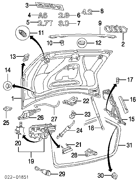 Cilindro de cerradura de maletero para Audi A6 (4B, C5)
