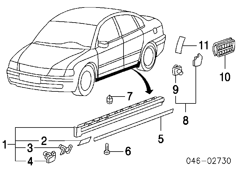 Listón de acceso exterior trasero derecho para Volkswagen Passat (B5, 3B6)