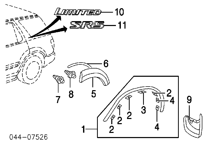 Pistón (clip) de la extensión del arco del ala para Toyota FORTUNER (N5, N6)