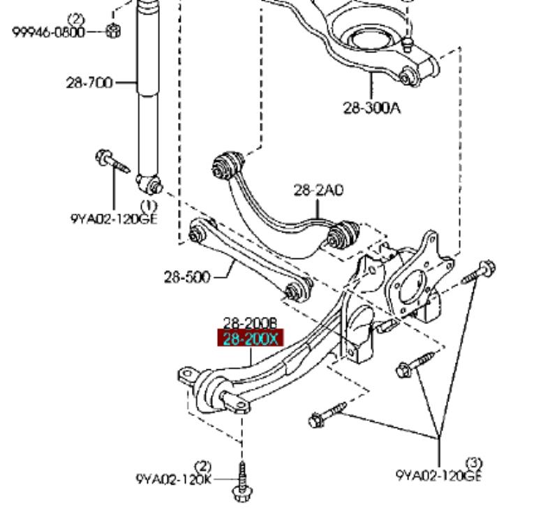 BP4K28250J Mazda Brazo longitudinal inferior izquierdo de la suspensión trasera