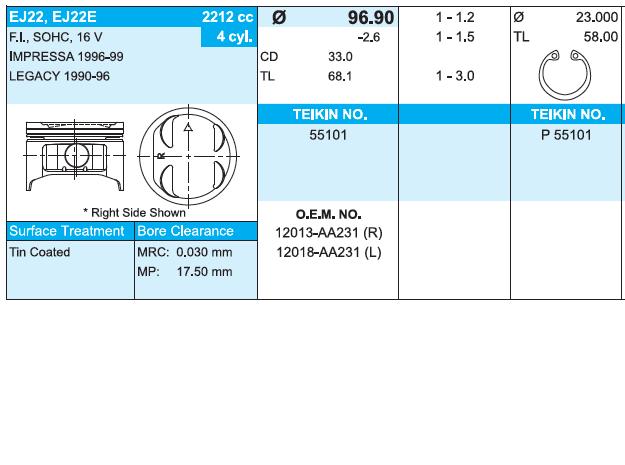 55101-050 Teikin juego de piston para motor, 2da reparación (+ 0,50)