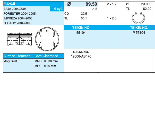 Juego De Piston Para Motor, 2da reparación (+ 0,50) para Subaru Forester (S11, SG)