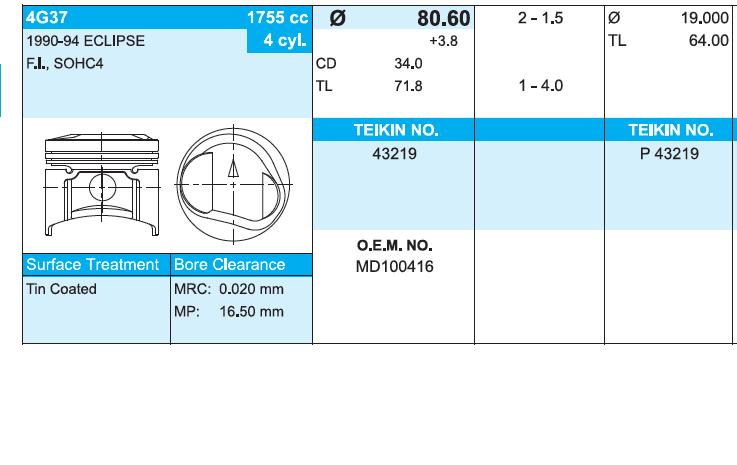 43219050 Teikin juego de piston para motor, 2da reparación (+ 0,50)