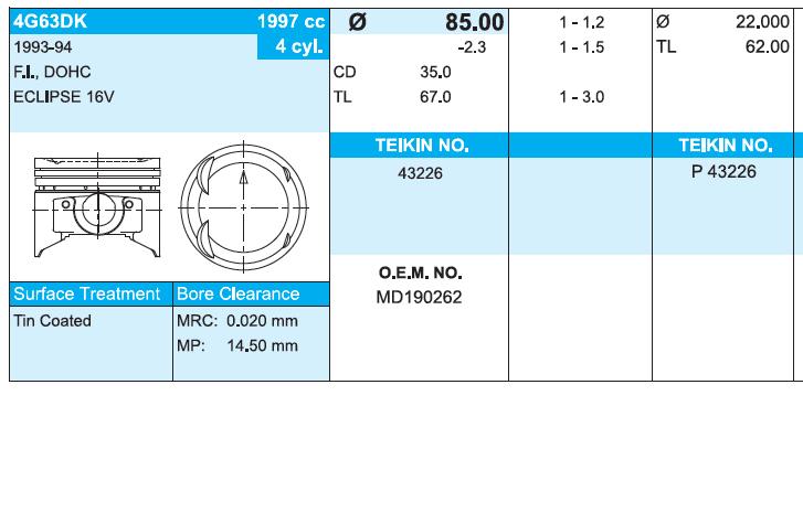 Juego De Piston Para Motor, STD Mitsubishi Eclipse 1 (D22A, D27A)