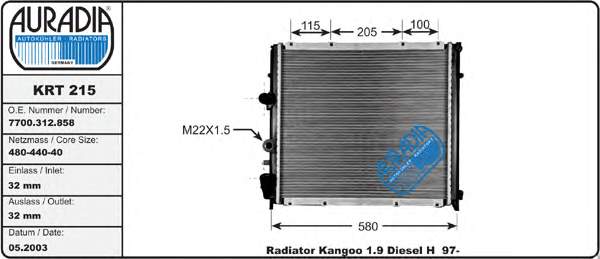 KRT215 Auradia radiador refrigeración del motor