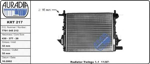 KRT217 Auradia radiador refrigeración del motor