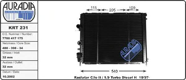 KRT231 Auradia radiador refrigeración del motor