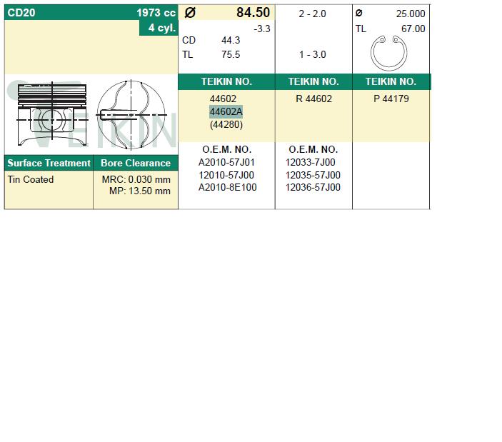 44602A100 Teikin juego de piston para motor, 4ta reparación (+1.00)