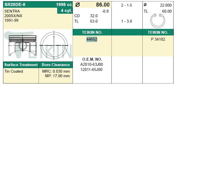 44652100 Teikin juego de piston para motor, 4ta reparación (+1.00)