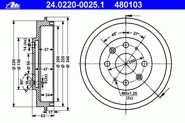 Freno de tambor trasero B45526251A Mazda