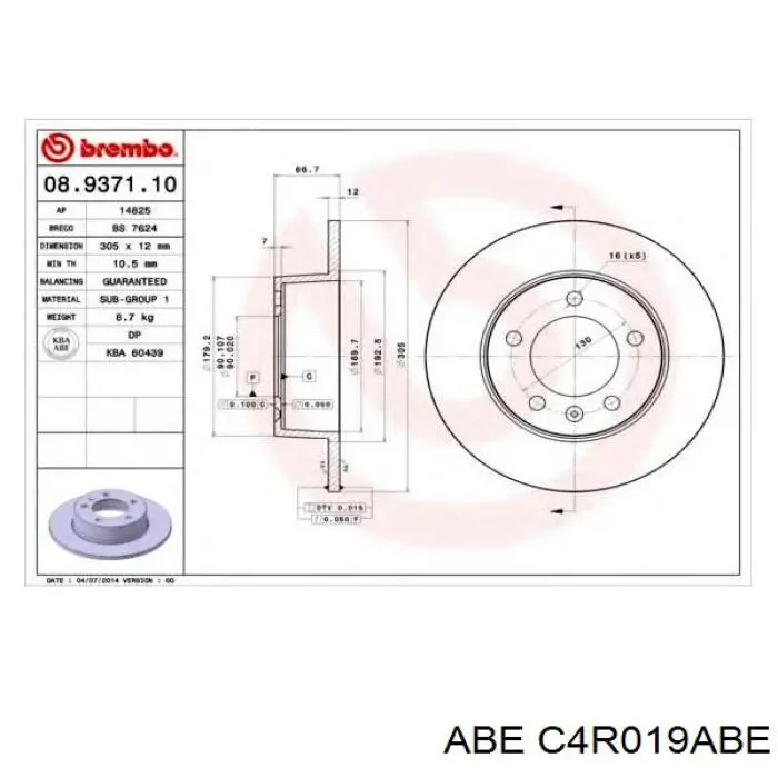 Disco de freno trasero C4R019ABE ABE