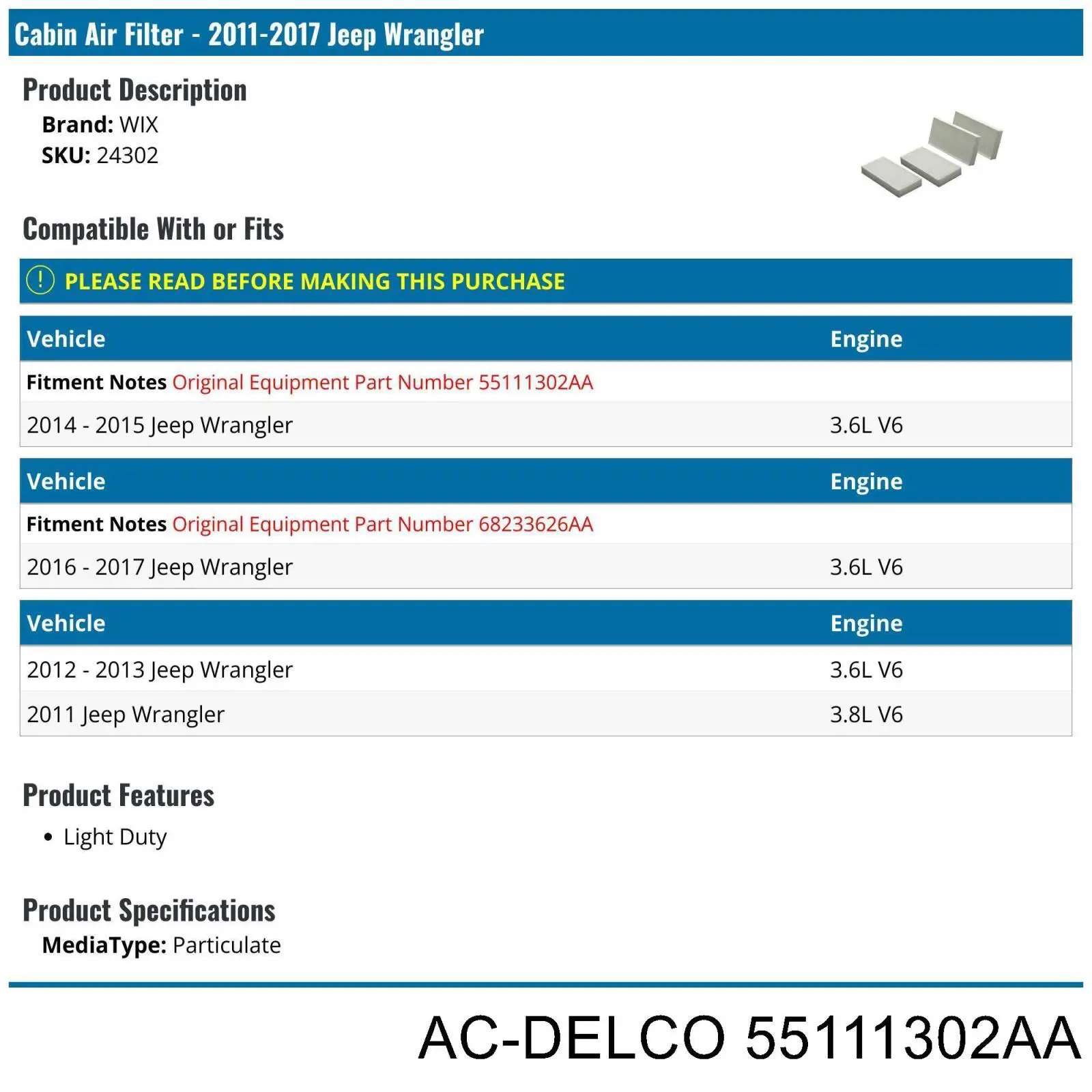 55111302AA AC Delco filtro de habitáculo