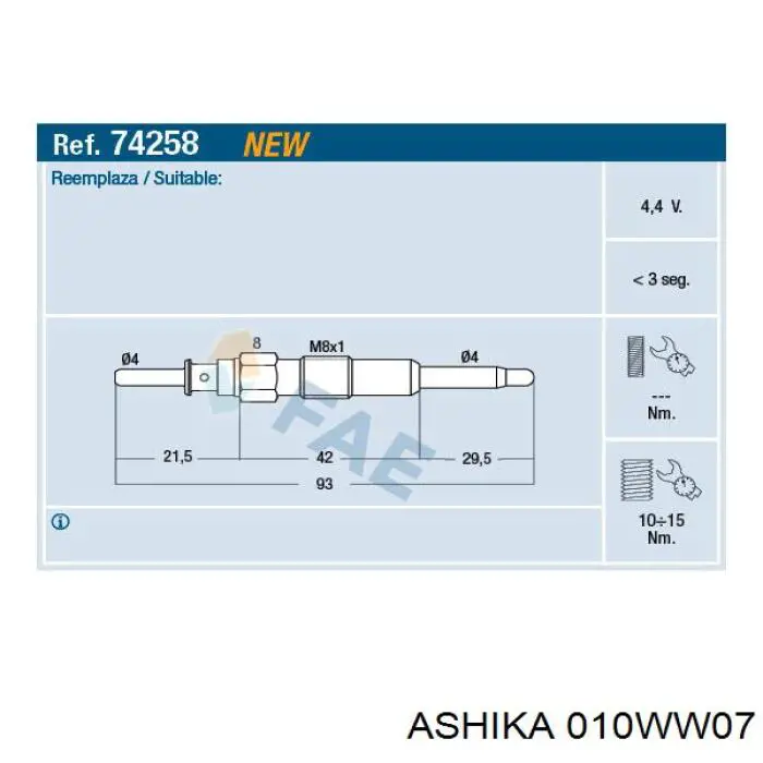 01-0W-W07 Ashika bujía de incandescencia