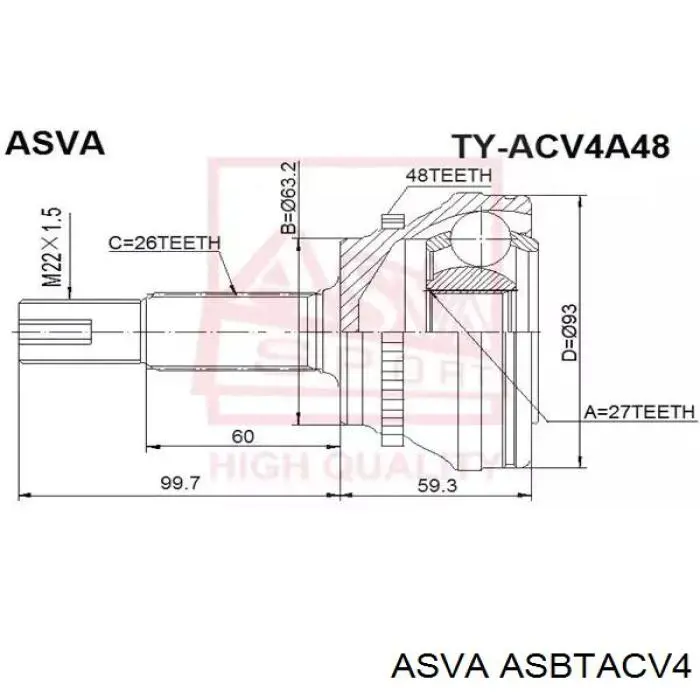 ASBTACV4 Asva fuelle, árbol de transmisión delantero exterior