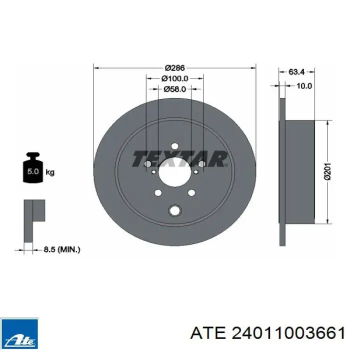 Disco de freno trasero 24011003661 ATE