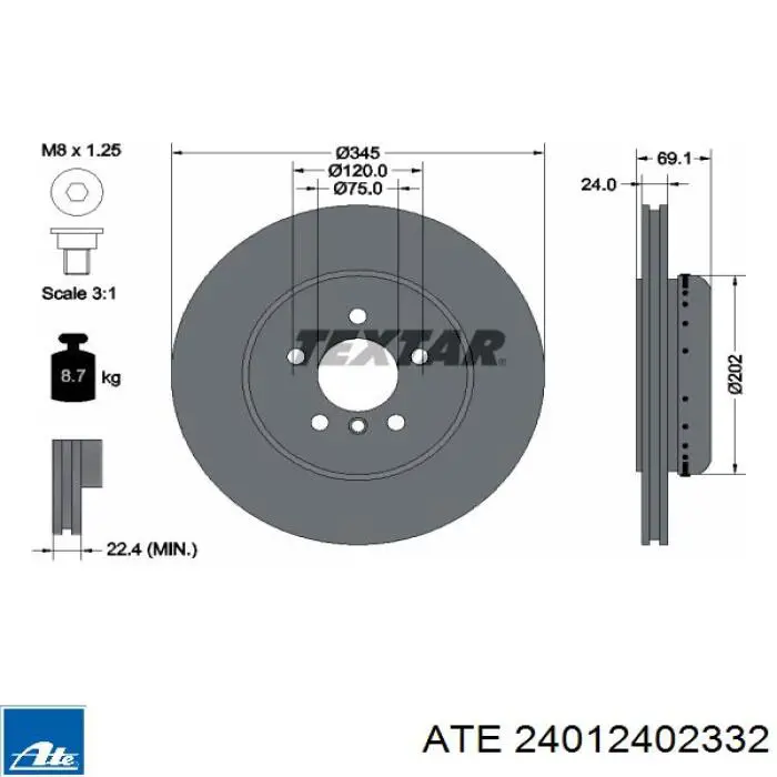 24.0124-0233.2 ATE disco de freno trasero