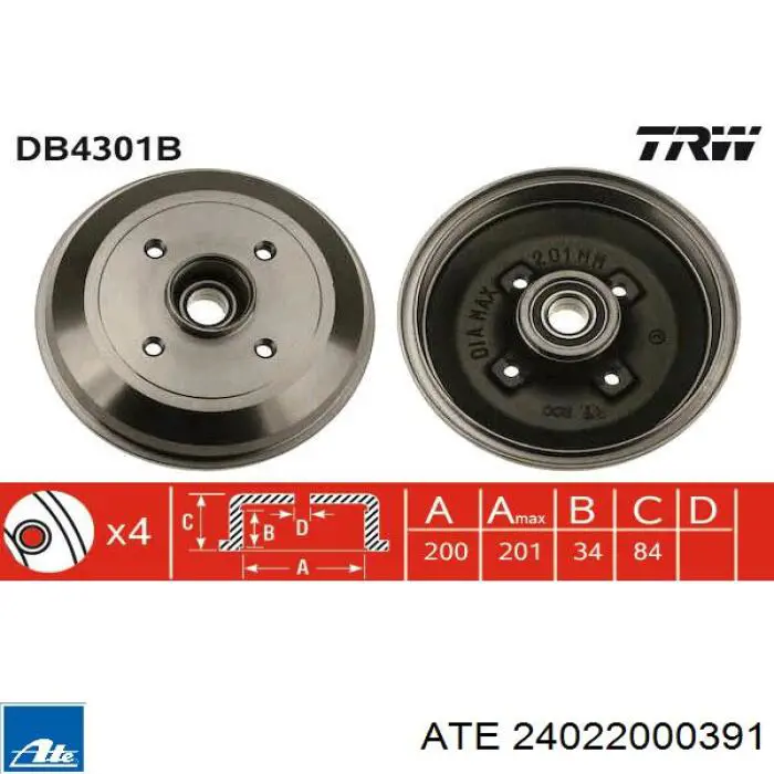 Tambor de freno trasero ATE 24022000391 precio, desde 40,50 EUR