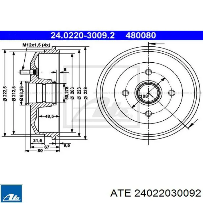 24.0220-3009.2 ATE freno de tambor trasero