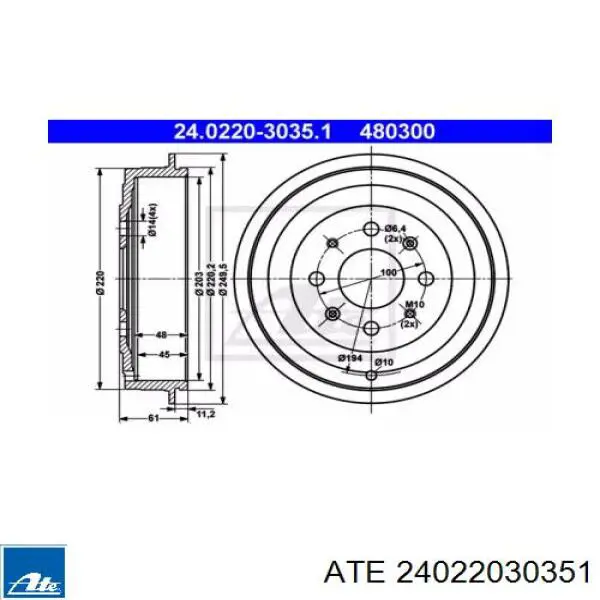 Tambor de freno trasero 24022030351 ATE