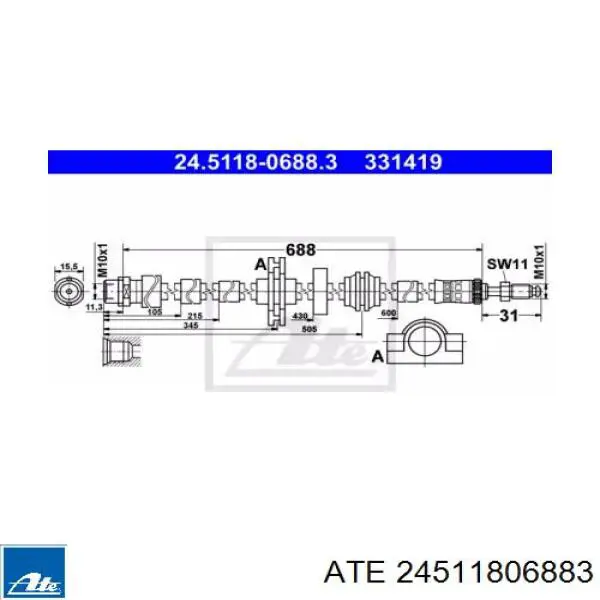 24.5118-0688.3 ATE latiguillo de freno delantero