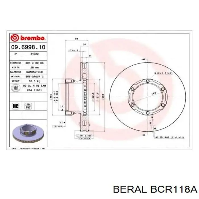 BCR118A Beral disco de freno delantero