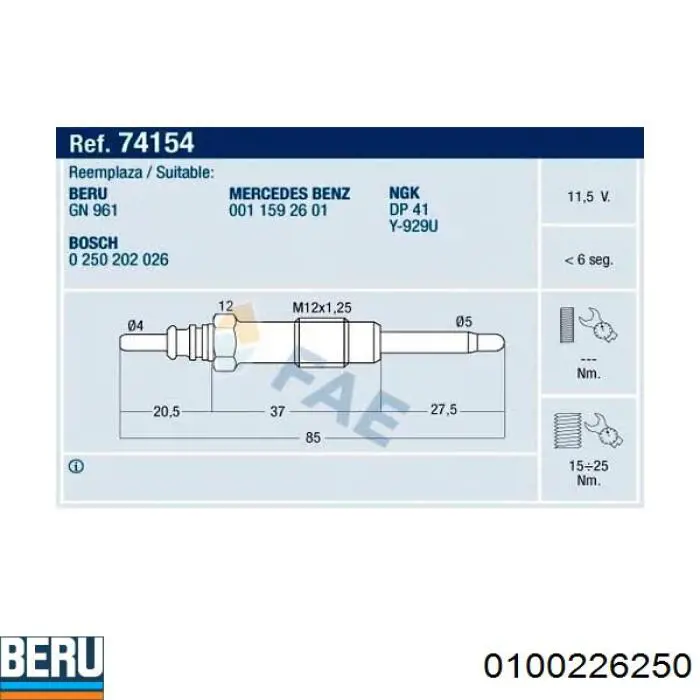 Bujía de precalentamiento 0100226250 Beru