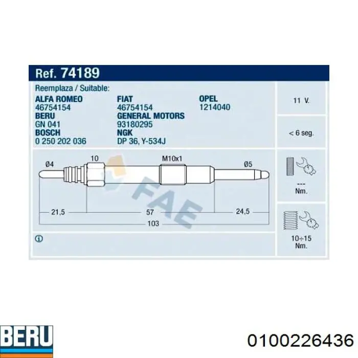 Bujía de incandescencia Fiat Punto 2 188