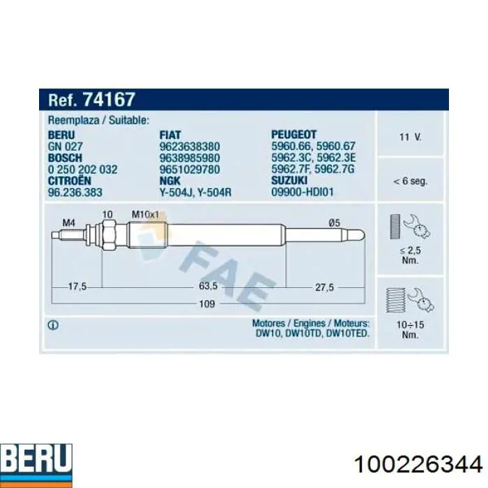 Bujía de incandescencia Peugeot 206 2A/C