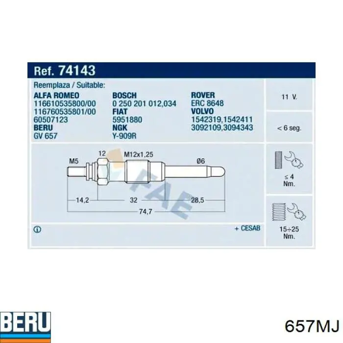 657MJ Beru bujía de incandescencia