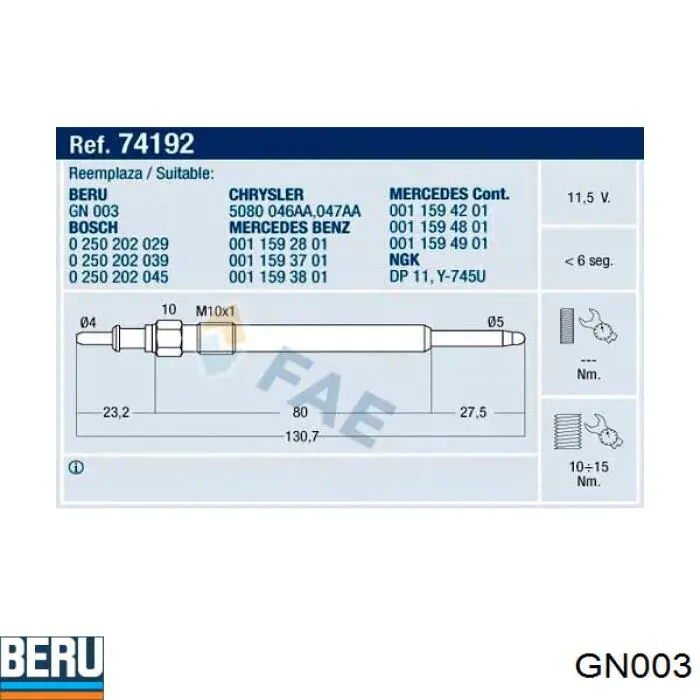 GN003 Beru Bujías de calentamiento