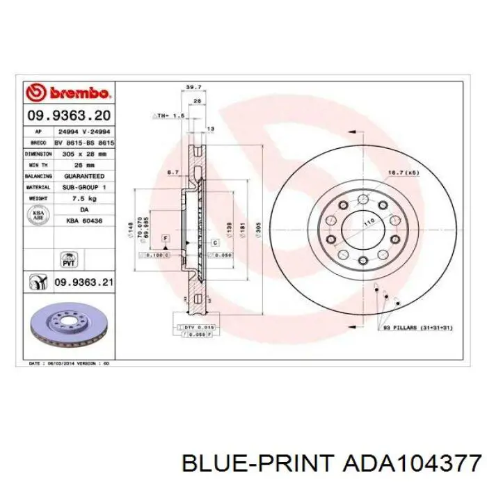 Disco de freno ADA104377 Blue Print