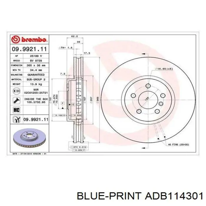 Disco de freno 9992111 Brembo