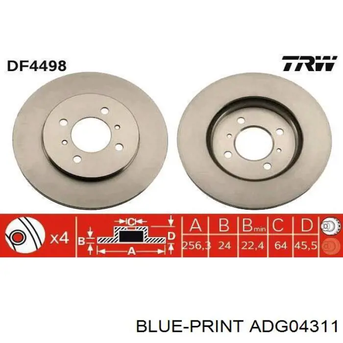 ADG04311 Blue Print disco de freno delantero