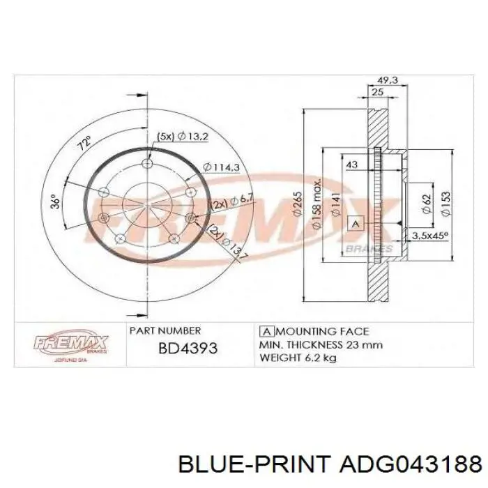 ADG043188 Blue Print freno de disco delantero