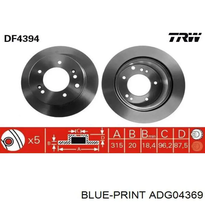 ADG04369 Blue Print disco de freno trasero