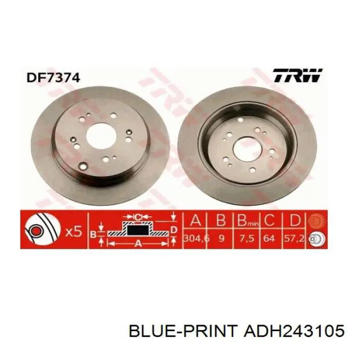 ADH243105 Blue Print disco de freno trasero