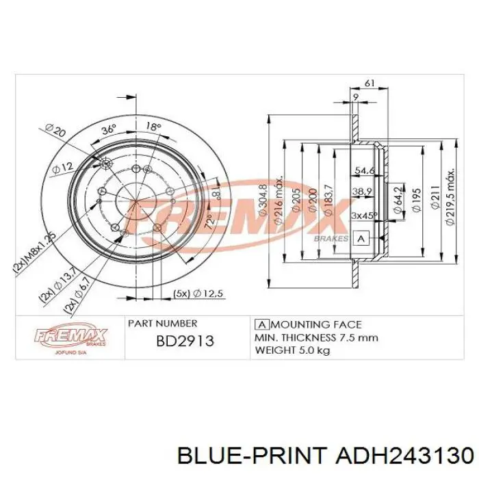 ADH243130 Blue Print disco de freno trasero