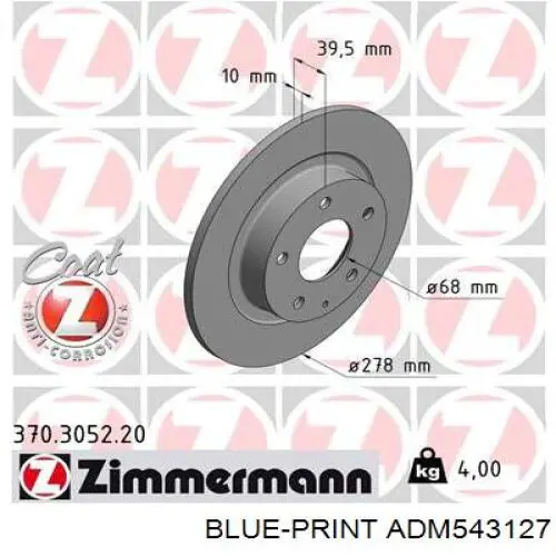 Disco de freno trasero ADM543127 Blue Print