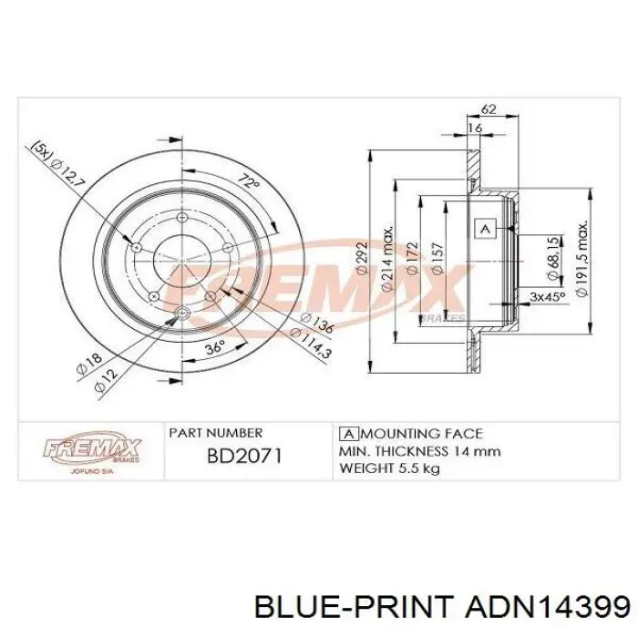 ADN14399 Blue Print disco de freno trasero