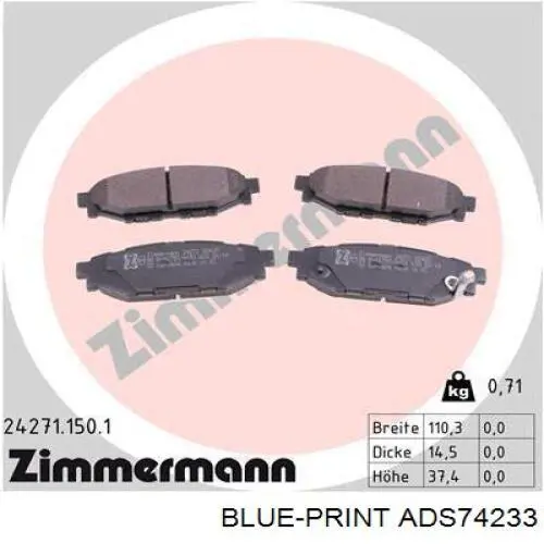 Pastillas traseras Blue Print ADS74233