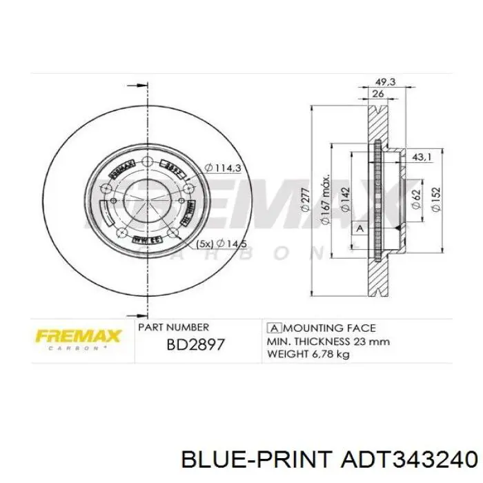 Disco de freno ADT343240 Blue Print