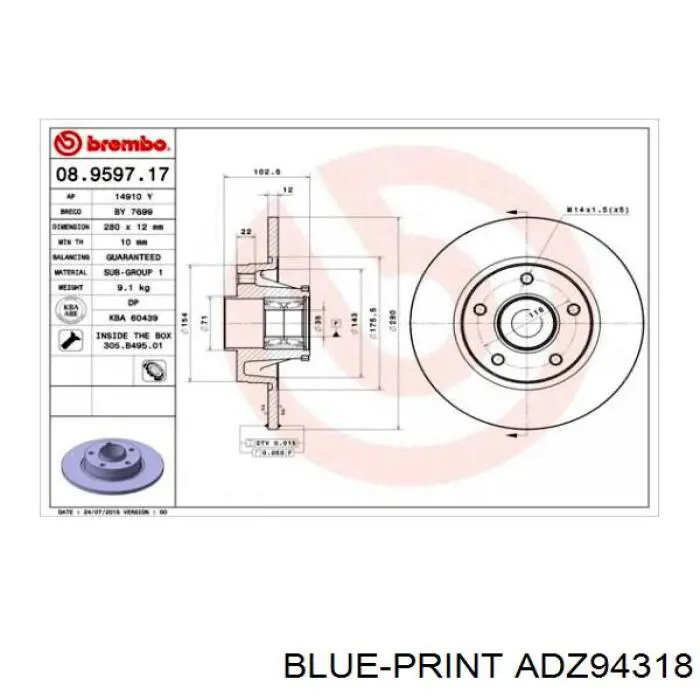 Disco de freno trasero Blue Print ADZ94318 precio, desde 67,38 EUR