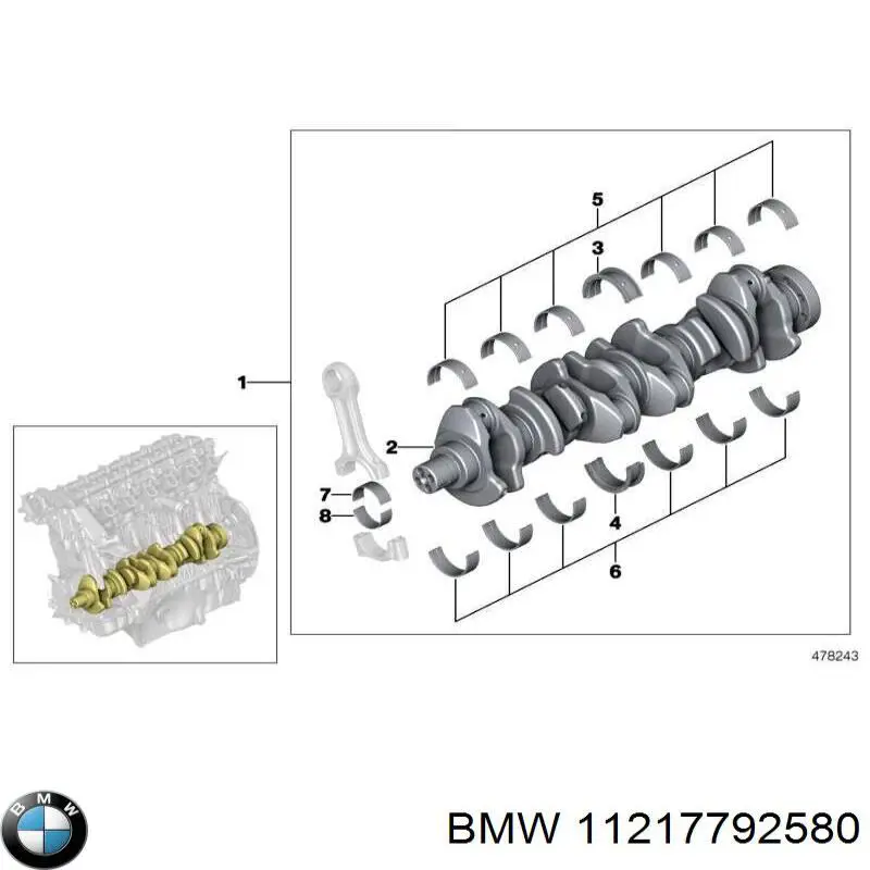 11217792580 BMW juego de cojinetes de cigüeñal, cota de reparación +0,25 mm