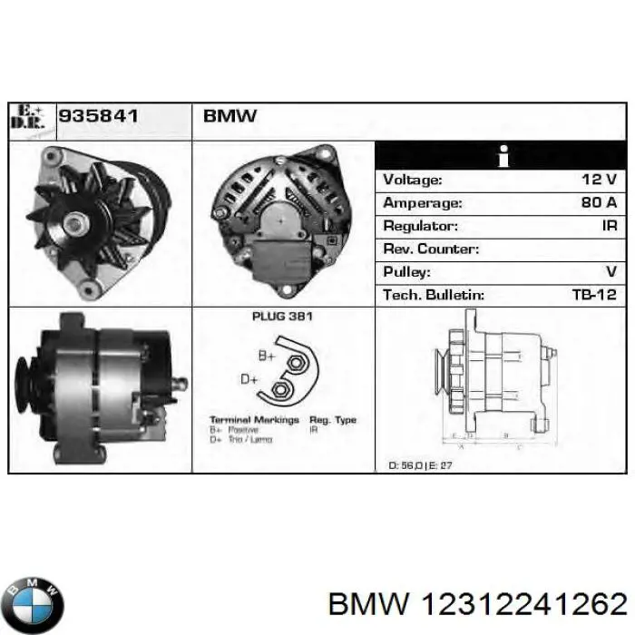 Alternador del motor BMW 12312241262 precio, desde 255,20 EUR