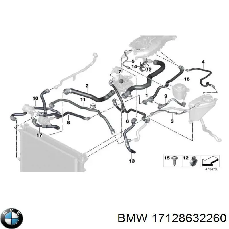 17128632260 BMW tubería de radiador, tuberia flexible calefacción, superior
