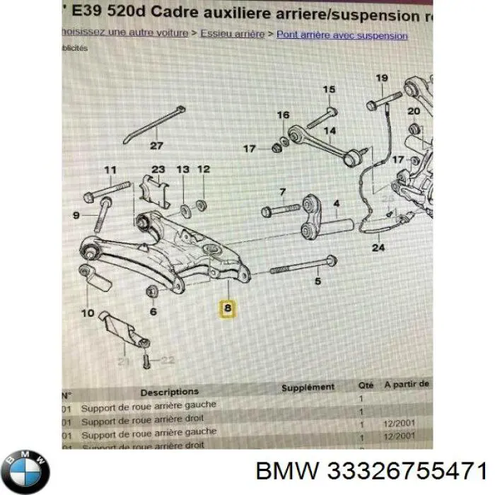 Brazo inferior izquierdo de la suspensión trasera BMW 33326755471