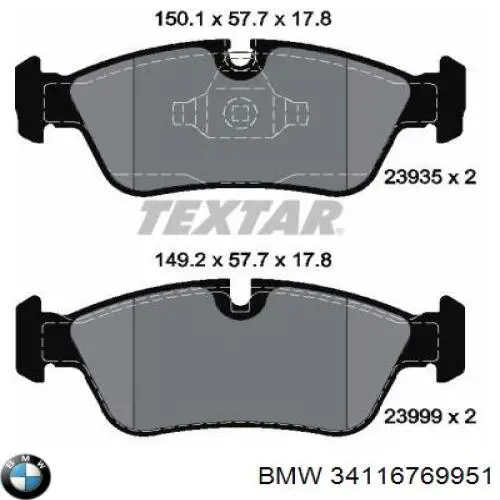 Pastillas freno delanteras BMW 34116769951 precio, desde 35,09 EUR
