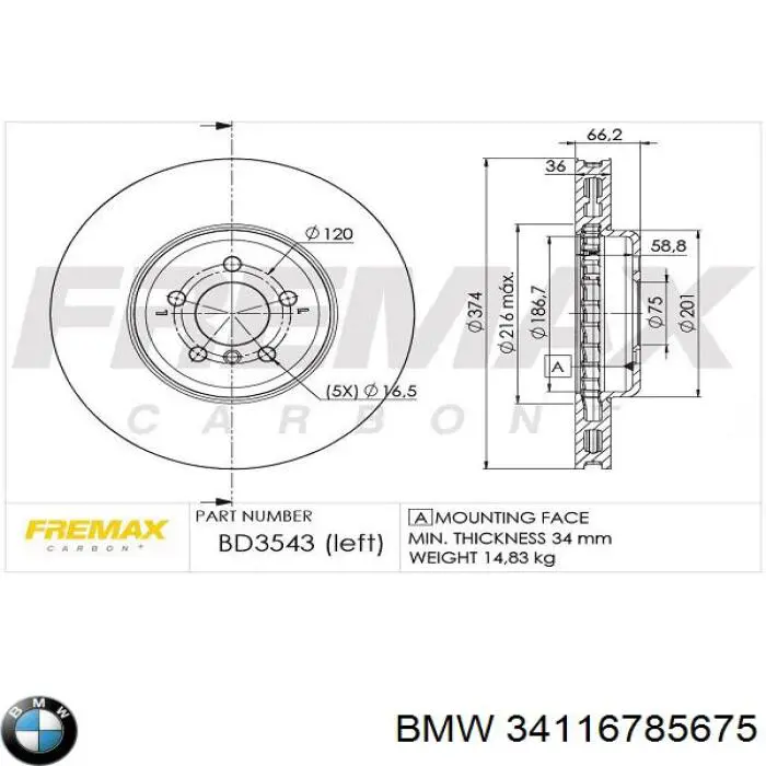 Comprar 34116785675 BMW Freno de disco delantero