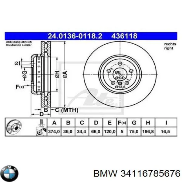 Freno de disco delantero BMW 34116785676