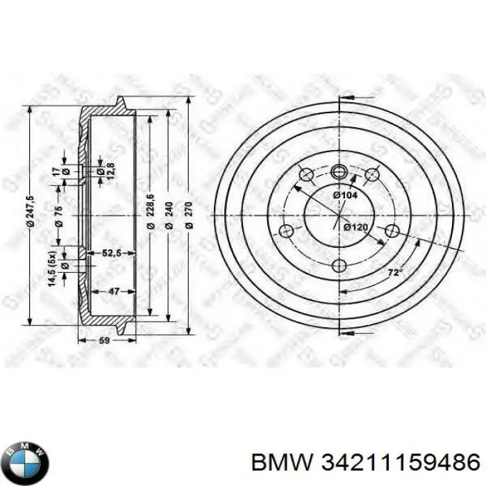 Tambor de freno trasero 34211159486 BMW